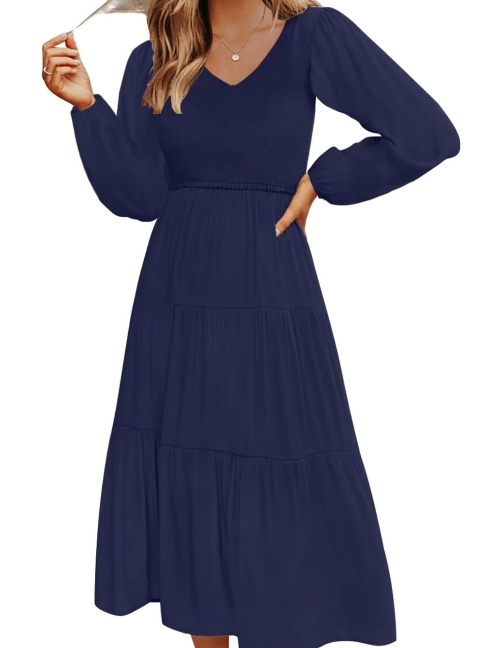 V-Neck Navy Tiered Maxi Dress with Long Sleeves. New. Navy Blue.